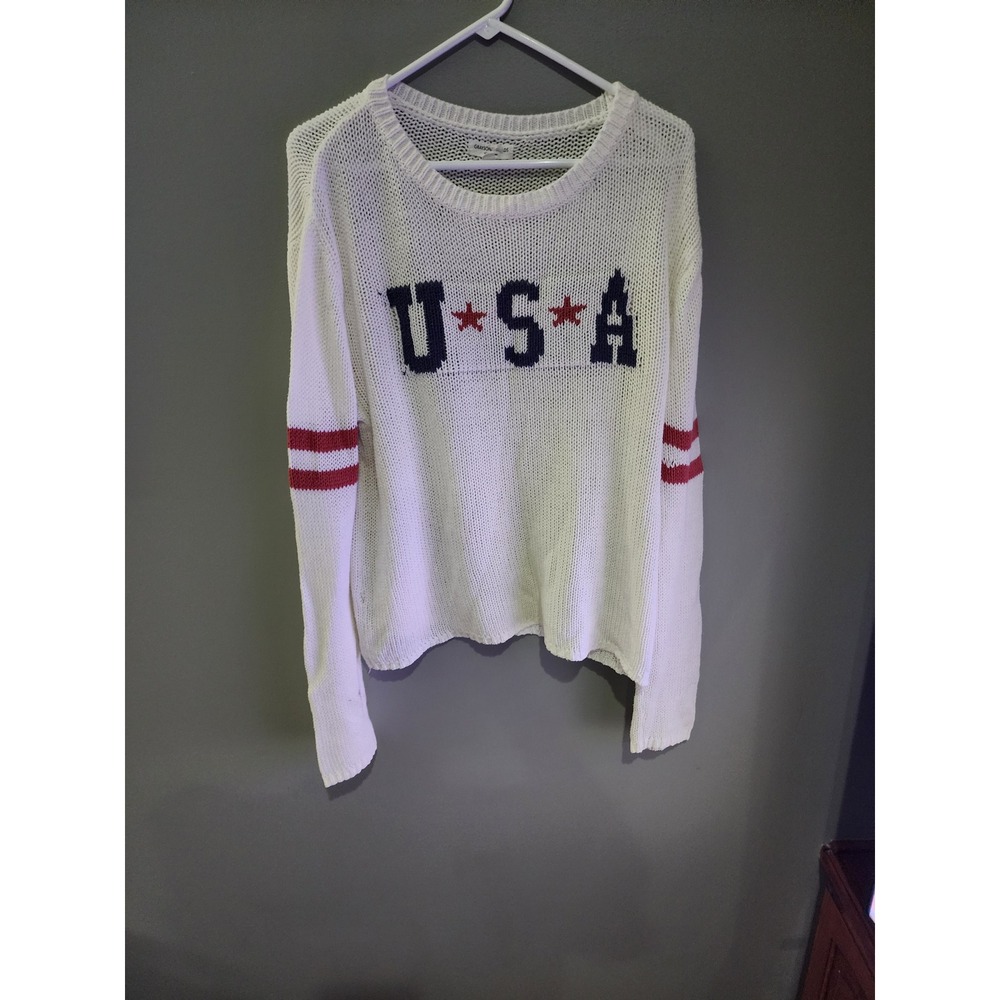 Grayson Threads Womens USA Open Knit Sweater White Patriotic Stars Stripes M